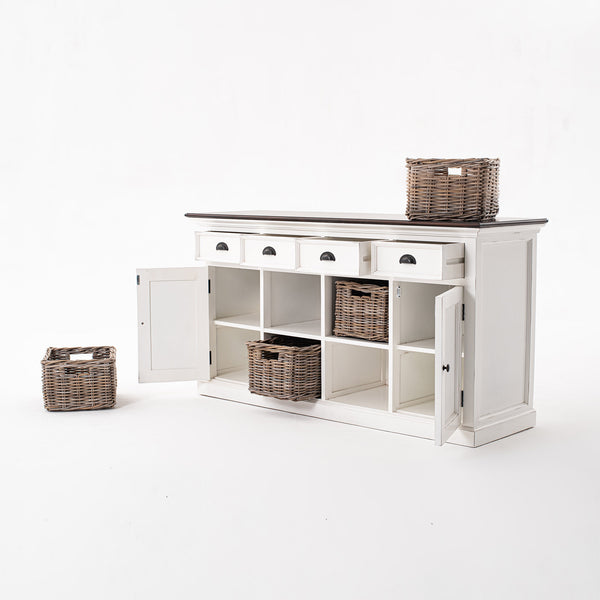 Halifax Accent Buffet: Distressed Mahogany & Antique Brass with 4 Rattan Baskets for Elegant Storage