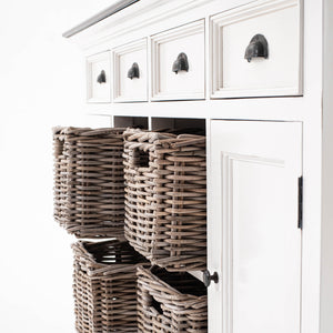 Halifax Accent Buffet: Distressed Mahogany & Antique Brass with 4 Rattan Baskets for Elegant Storage