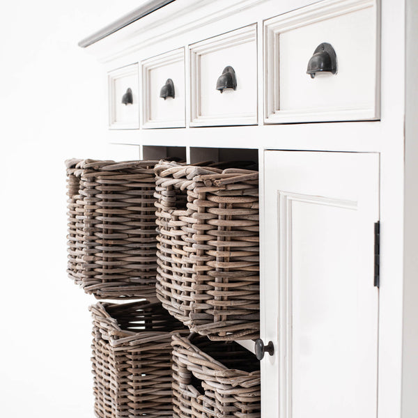 Halifax Accent Buffet: Distressed Mahogany & Antique Brass with 4 Rattan Baskets for Elegant Storage