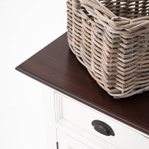 Halifax Accent Buffet: Distressed Mahogany & Antique Brass with 4 Rattan Baskets for Elegant Storage