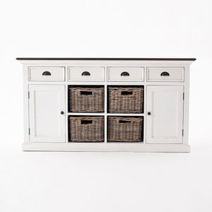 Halifax Accent Buffet: Distressed Mahogany & Antique Brass with 4 Rattan Baskets for Elegant Storage