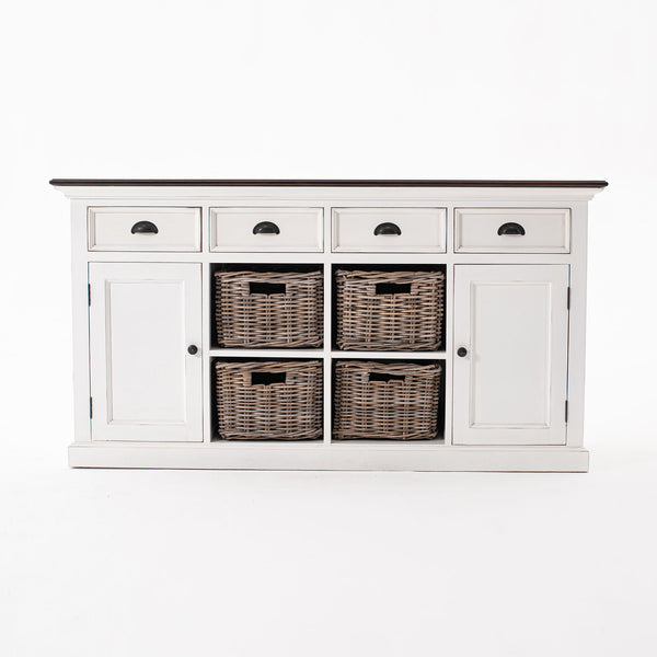 Halifax Accent Buffet: Distressed Mahogany & Antique Brass with 4 Rattan Baskets for Elegant Storage
