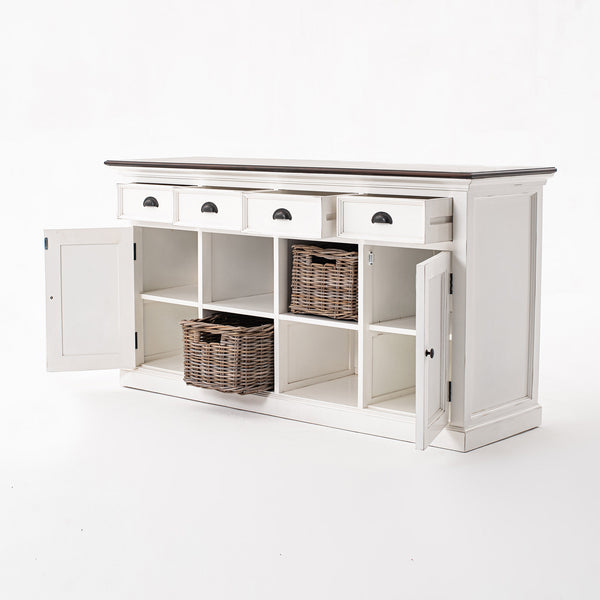 Halifax Accent Buffet: Distressed Mahogany & Antique Brass with 4 Rattan Baskets for Elegant Storage