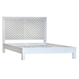 Haskins Bright White Acacia Modern Panel Bed with Geometric Cutout Headboard