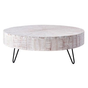 Dovetail Halifax Round White Wash Reclaimed Oak and Gunmetal Hairpin Iron Legged Coffee Table BB189