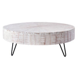 Halifax Round White Wash Reclaimed Oak and Gunmetal Hairpin Iron Legged Coffee Table