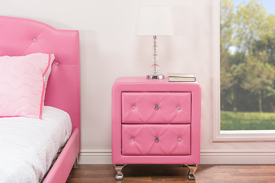 Stella Crystal Tufted Pink Leather Modern Nightstand English Elm