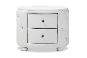 Baxton Studio Davina Hollywood Glamour Style Oval 2-drawer White Faux Leather Upholstered Nightstand