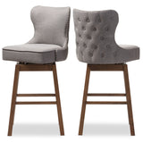 Baxton Studio Gradisca Modern and Contemporary Brown Wood Finishing and Grey Fabric Button-Tufted Upholstered Swivel Barstool