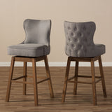 Baxton Studio Gradisca Modern and Contemporary Brown Wood Finishing and Grey Fabric Button-Tufted Upholstered Swivel Barstool