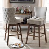 Baxton Studio Gradisca Modern and Contemporary Brown Wood Finishing and Light Beige Fabric Button-Tufted Upholstered Swivel Barstool