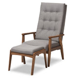 Roxy Mid-Century Modern WAlnut Wood Fabric Upholstered Button Tufted High Back Lounge Chair and Ottoman Set