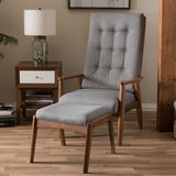 Baxton Studio Roxy Mid-Century Modern Walnut Wood Finishing and Grey Fabric Upholstered Button-Tufted High-Back Lounge Chair and Ottoman Set