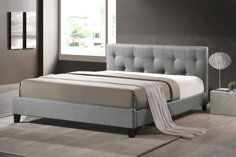 Annette Gray Linen Modern Bed with Upholstered Headboard Full