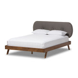 Penelope Mid-Century Modern Solid Walnut Wood Fabric Upholstered King Size Platform Bed