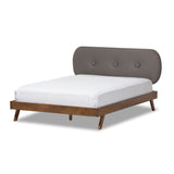 Baxton Studio Penelope Mid-Century Modern Solid Walnut Wood Grey Fabric Upholstered King Size Platform Bed