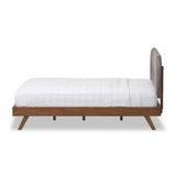 Baxton Studio Penelope Mid-Century Modern Solid Walnut Wood Grey Fabric Upholstered King Size Platform Bed