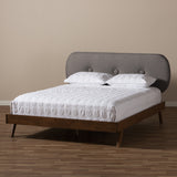 Baxton Studio Penelope Mid-Century Modern Solid Walnut Wood Grey Fabric Upholstered Queen Size Platform Bed