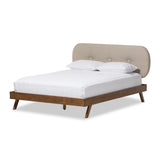 Baxton Studio Penelope Mid-Century Modern Solid Walnut Wood Light Beige Fabric Upholstered King Size Platform Bed