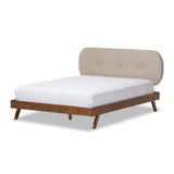 Baxton Studio Penelope Mid-Century Modern Solid Walnut Wood Light Beige Fabric Upholstered King Size Platform Bed