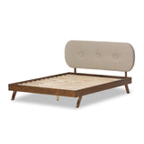 Baxton Studio Penelope Mid-Century Modern Solid Walnut Wood Light Beige Fabric Upholstered Queen Size Platform Bed