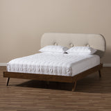 Baxton Studio Penelope Mid-Century Modern Solid Walnut Wood Light Beige Fabric Upholstered King Size Platform Bed