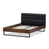 Baxton Studio Mitchell Rustic Industrial Walnut Wood Black Faux Leather Dark Bronze Metal King Size Platform Bed