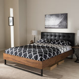 Baxton Studio Mitchell Rustic Industrial Walnut Wood Black Faux Leather Dark Bronze Metal King Size Platform Bed