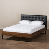 Baxton Studio Mitchell Rustic Industrial Walnut Wood Black Faux Leather Dark Bronze Metal King Size Platform Bed