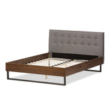 Baxton Studio Mitchell Rustic Industrial Walnut Wood Grey Fabric Dark Bronze Metal Queen Size Platform Bed