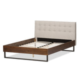 Baxton Studio Mitchell Rustic Industrial Walnut Wood Beige Fabric Dark Bronze Metal Queen Size Platform Bed