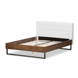 Baxton Studio Mitchell Rustic Industrial Walnut Wood White Faux Leather Dark Bronze Metal Queen Size Platform Bed