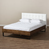 Baxton Studio Mitchell Rustic Industrial Walnut Wood White Faux Leather Dark Bronze Metal King Size Platform Bed