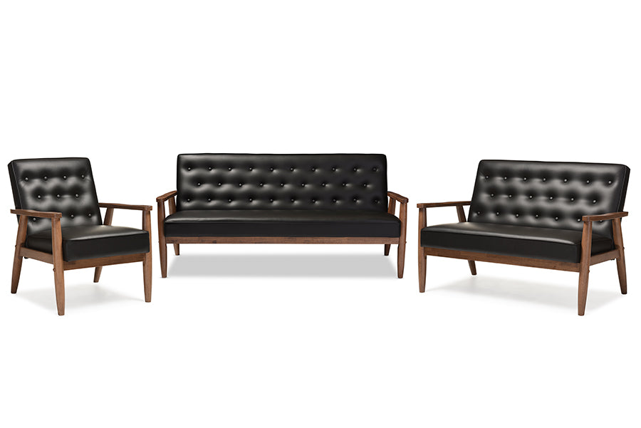 Baxton Studio Sorrento Mid-century Retro Modern Black Faux Leather Upholstered Wooden 3 Piece Living room Set