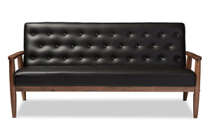 Baxton Studio Sorrento Mid-century Retro Modern Black Faux Leather Upholstered Wooden 3-seater Sofa