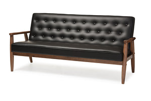 Baxton Studio Sorrento Mid-century Retro Modern Black Faux Leather Upholstered Wooden 3-seater Sofa