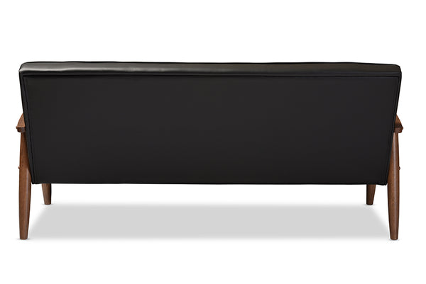 Baxton Studio Sorrento Mid-century Retro Modern Black Faux Leather Upholstered Wooden 3-seater Sofa