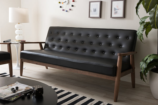 Baxton Studio Sorrento Mid-century Retro Modern Black Faux Leather Upholstered Wooden 3-seater Sofa