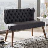 Baxton Studio Scarlett Mid-Century Modern Brown Wood and Dark Grey Fabric Upholstered Button-Tufting with Nail Heads Trim 2-Seater Loveseat Settee