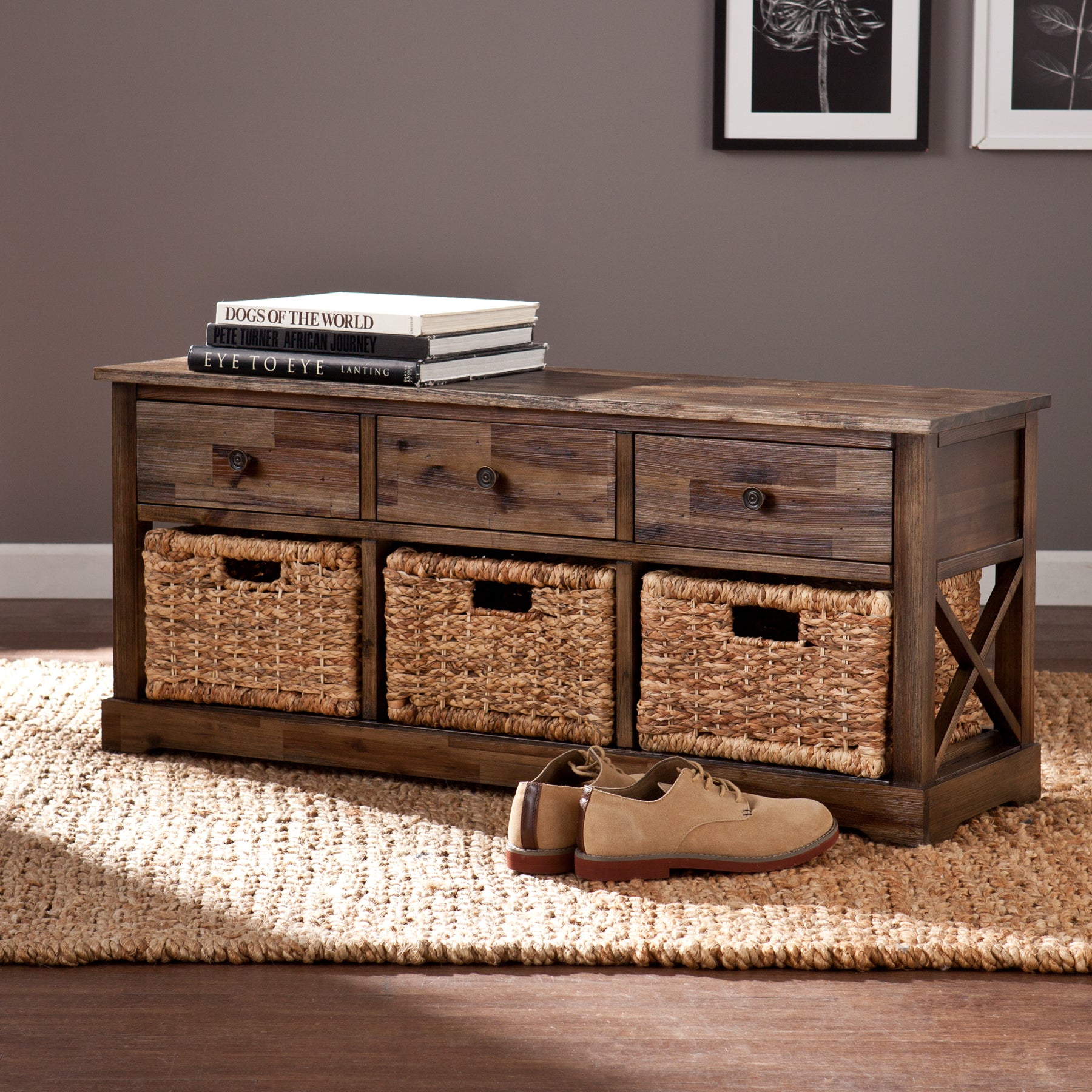 Jayton Coastal Storage Bench with Woven Baskets - Thumbnail 3