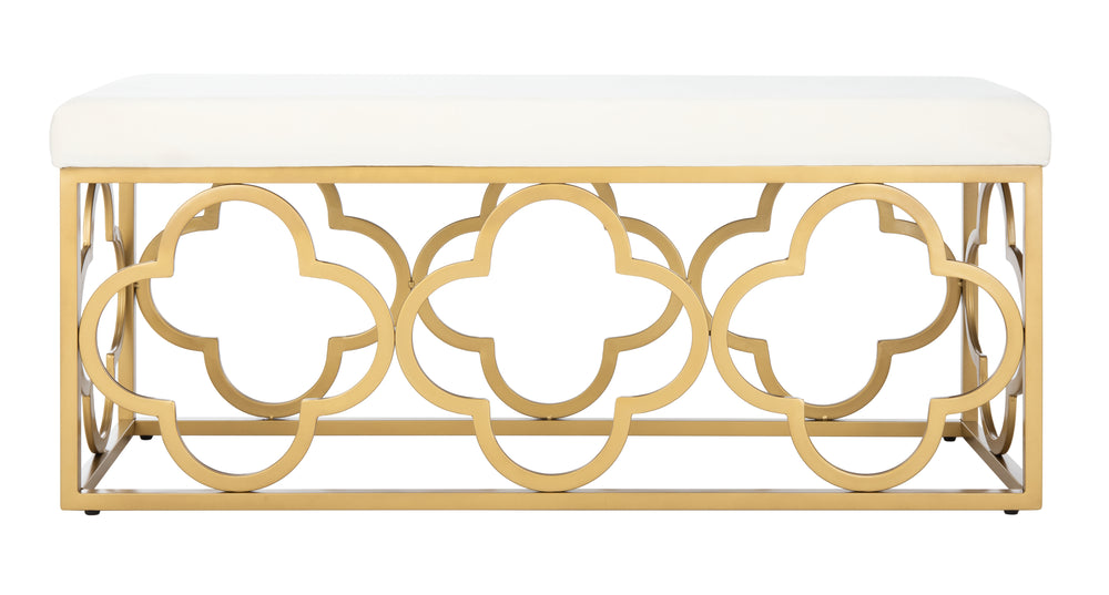 Fleur Elegant Rectangle Bench with Quatrefoil Design – Luxurious Velvet Seat, Glamorous Gold Finish