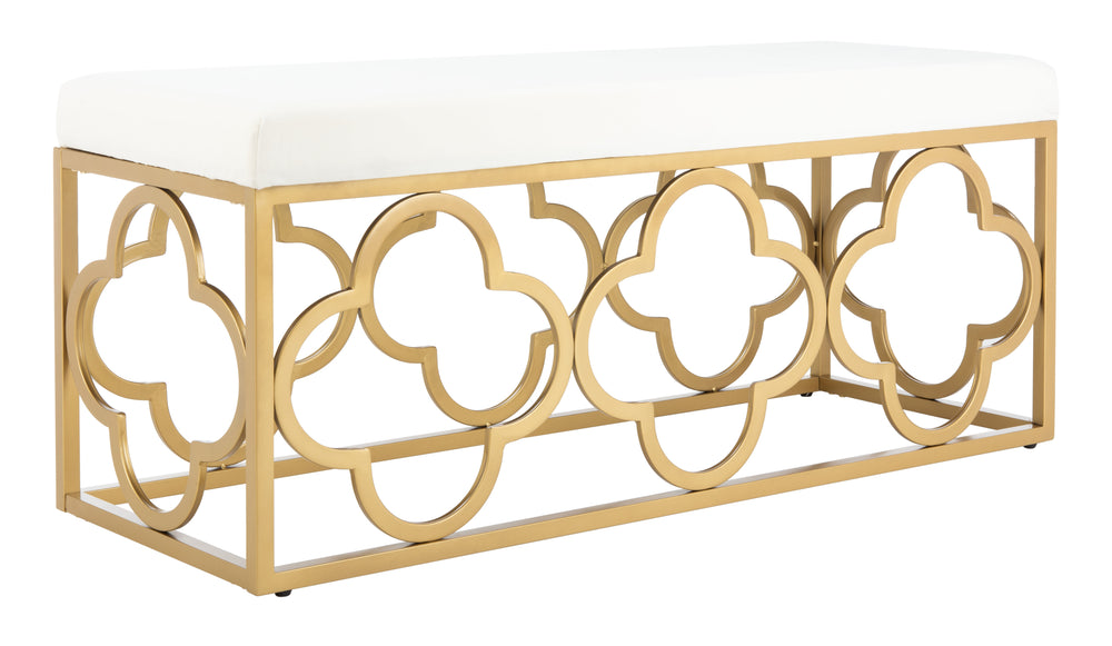 Fleur Elegant Rectangle Bench with Quatrefoil Design – Luxurious Velvet Seat, Glamorous Gold Finish