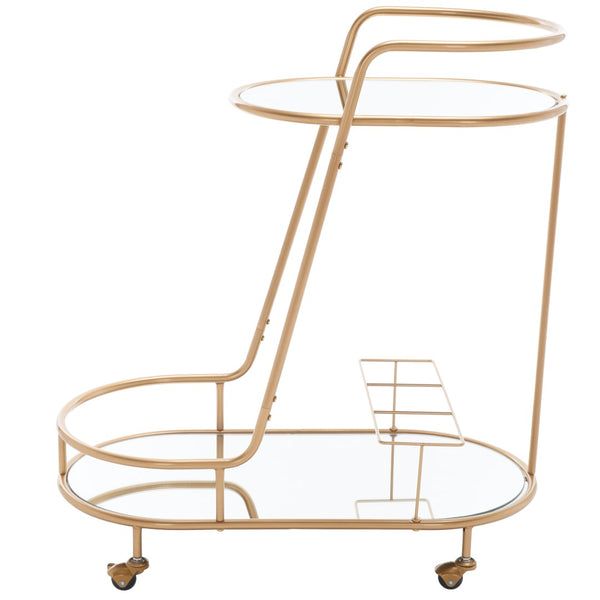 Midas Two-Tier Oval Bar Cart - Luxurious Champagne Gold Finish with Mirrored Shelves & Lockable Wheels