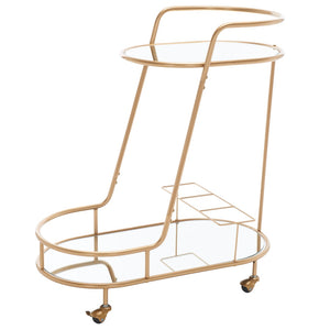 Midas Two-Tier Oval Bar Cart - Luxurious Champagne Gold Finish with Mirrored Shelves & Lockable Wheels