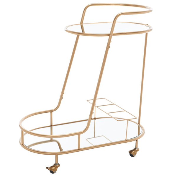 Midas Two-Tier Oval Bar Cart - Luxurious Champagne Gold Finish with Mirrored Shelves & Lockable Wheels