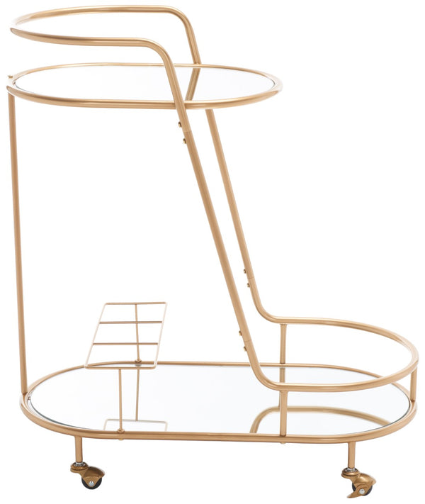 Midas Two-Tier Oval Bar Cart - Luxurious Champagne Gold Finish with Mirrored Shelves & Lockable Wheels