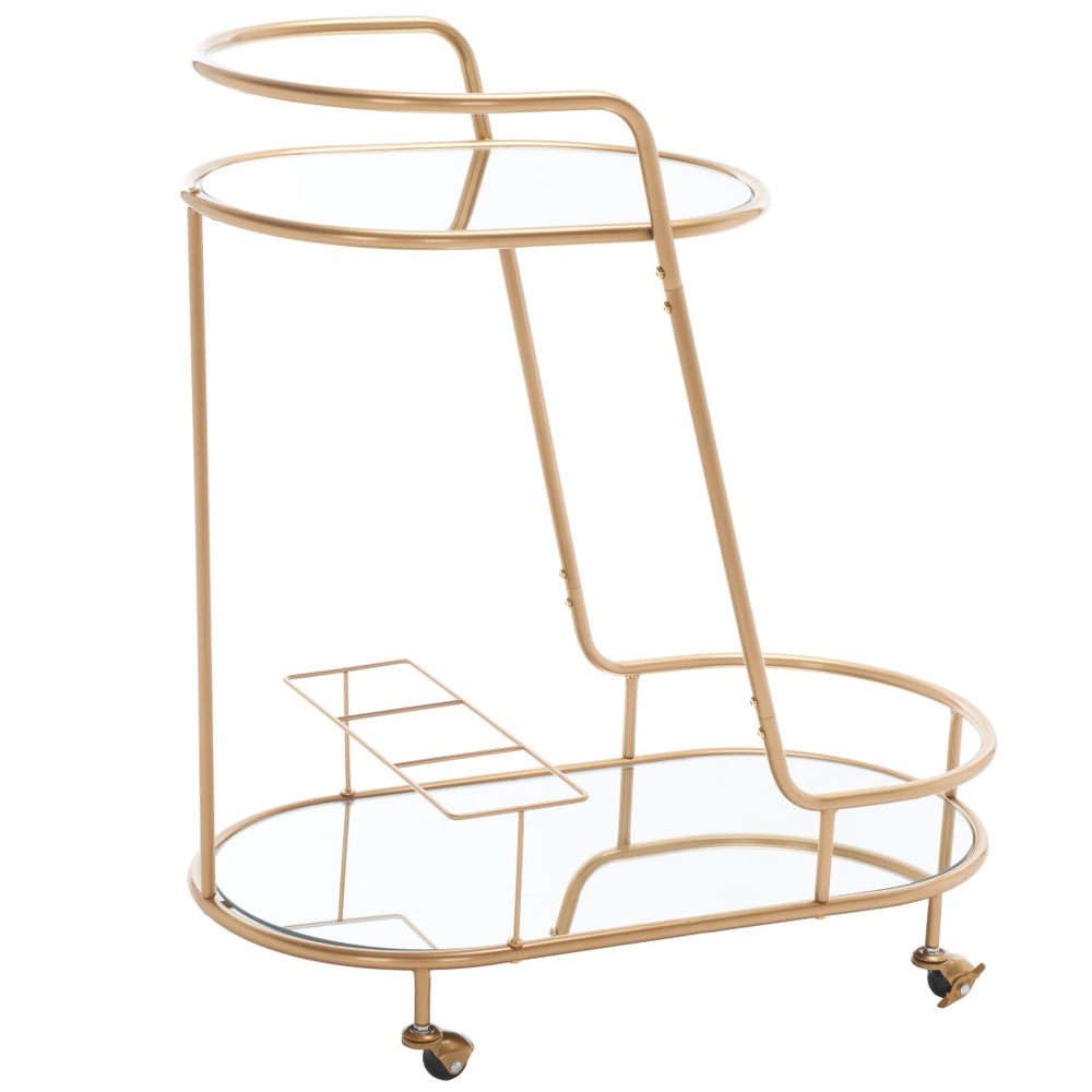 Midas Two-Tier Oval Bar Cart - Luxurious Champagne Gold Finish with Mirrored Shelves & Lockable Wheels