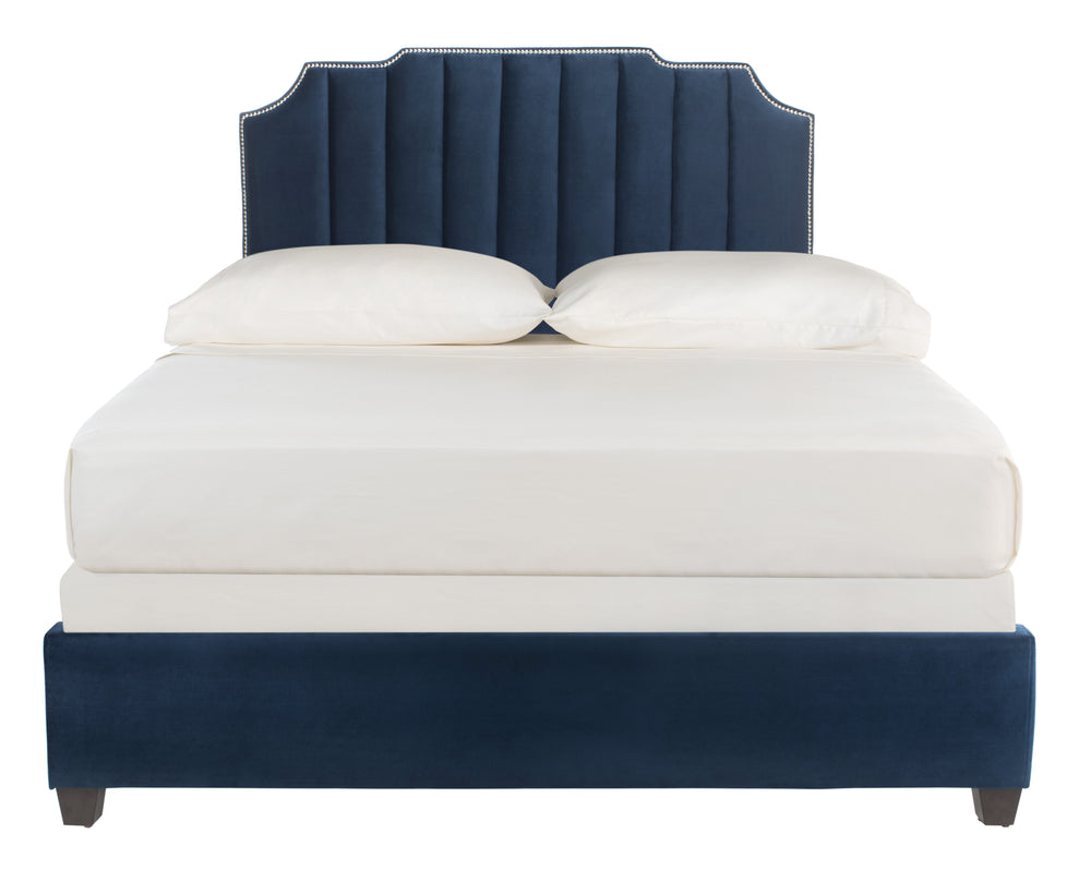 Streep Bed - Luxurious Navy Velvet Upholstered Bed with Tufted Headboard & Polished Nickel Detail