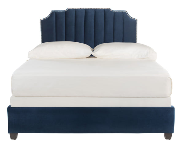 Streep Bed - Luxurious Navy Velvet Upholstered Bed with Tufted Headboard & Polished Nickel Detail