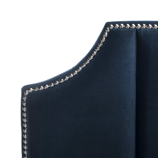 Streep Bed - Luxurious Navy Velvet Upholstered Bed with Tufted Headboard & Polished Nickel Detail